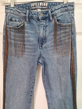 IDYLLWIND Womens Blue Denim Jeans with Metallic Fringe Trim